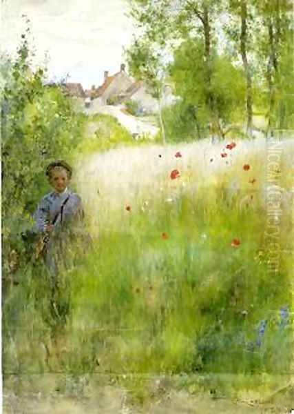 Boy in Meadow Oil Painting by Carl Larsson