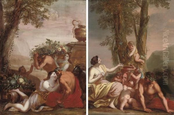 A Bacchanal; And An Amorous Couple With Putti Disporting Oil Painting by Gerard de Lairesse