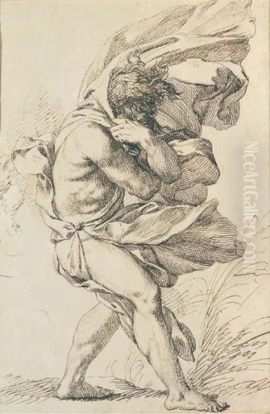 A Figure Walking To The Right In A Strong Gale Oil Painting by Gerard de Lairesse