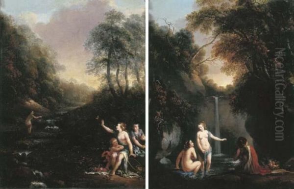 A Wooded Landscape With Nymphs 
Bathing By A Waterfall; And A Woodedlandscape With Nymphs And Cupid 
Bathing Oil Painting by Gerard de Lairesse