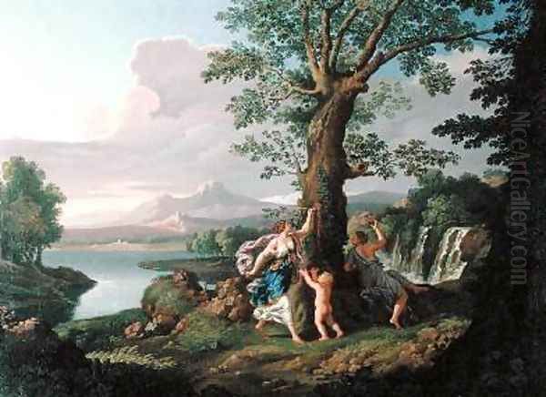 River Landscape with a Nymph Plucking a Branch from a Bleeding Tree Oil Painting by Andrea Locatelli