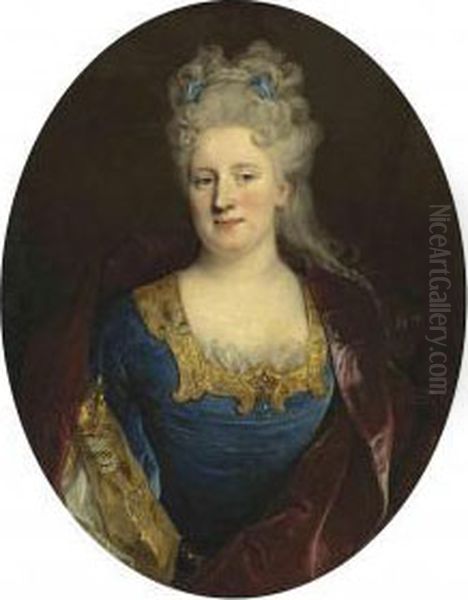 Portrait Of Madeleine Le Roux, 
Wife Of Manzeray De Courvaudon,half-length, In A Blue Dress With Gold 
Trim, Ribbons In Herhair by Nicolas de Largillierre