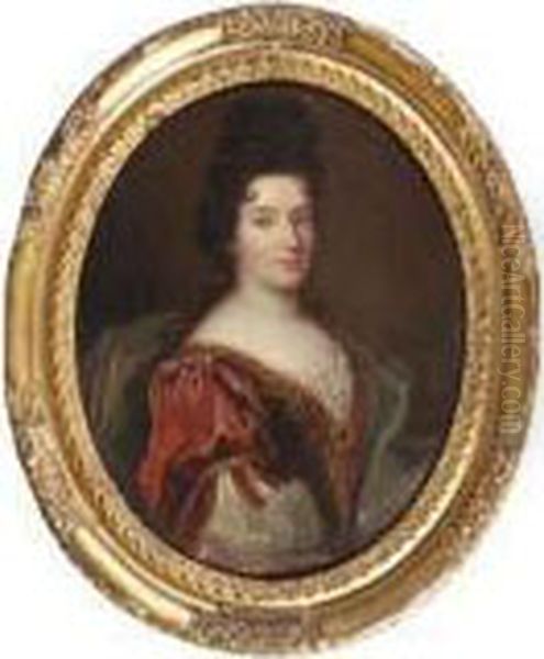 Portrait Of A Lady, Half-length, In A Red And Gold Embroided Dresswith A White Wrap Oil Painting by Nicolas de Largillierre