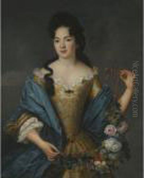 Portrait Of A Lady, Half Length,
 Wearing An Embroidered Dress Witha Blue Shawl, Holding A Garland Of 
Flowers Oil Painting by Nicolas de Largillierre