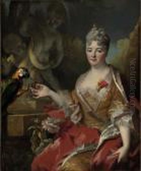 Portrait Of A Woman With A Macaw Oil Painting by Nicolas de Largillierre