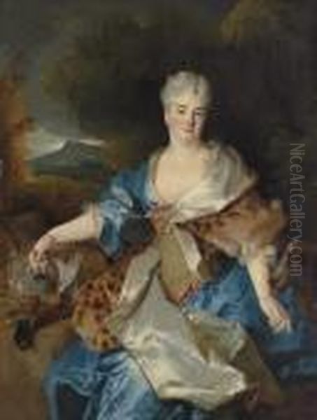 Portrait Of A Lady As Diana The 
Huntress, Three-quarter-length, Seated, In A Blue Dress With A Jewelled 
And Gold-embroidered Bodice And A Silk-lined Leopard-skin Mantle, With A
 Hound And A Brace Of Fowl, In A Landscape Oil Painting by Nicolas de Largillierre