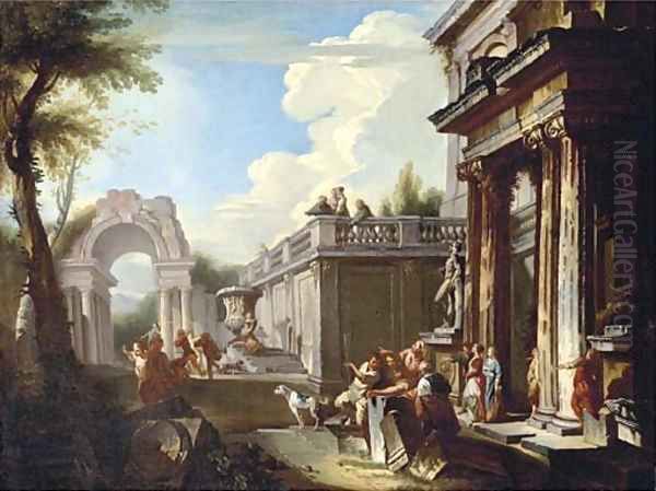 A capriccio of classical ruins with figures by a temple, a triumphal arch beyond Oil Painting by Andrea Locatelli