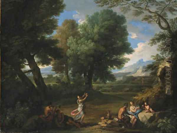 Nymphs and satyrs in a wooded landscape Oil Painting by Andrea Locatelli