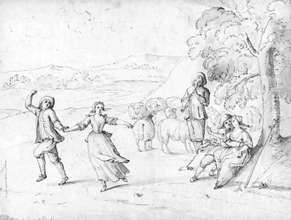 Shepherds dancing by the flute in an extensive landscape Oil Painting by Andrea Locatelli