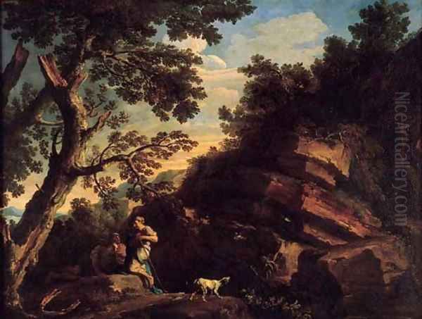 A rocky river landcsape with figures conversing beneath a tree and a dog barking at flying birds Oil Painting by Andrea Locatelli