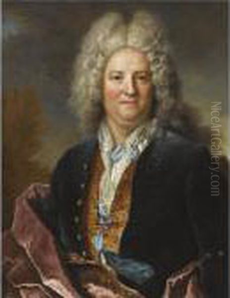 Portrait Of A Gentleman, Bust 
Length, Wearing A Blue Coat With Awhite Chemise And Gold Embroidered 
Waistcoat, With A Crimsonsash Oil Painting by Nicolas de Largillierre