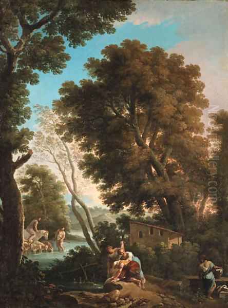 An arcadian landscape with washerwomen, a shepherd and sheperdess crossing a stream beyond Oil Painting by Andrea Locatelli