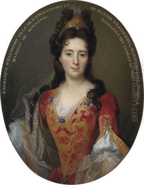 Portrait Of Angelique 
D'hautefort, Half-length, In A Red And Gold Embroidered Bodice And Skirt Oil Painting by Nicolas de Largillierre