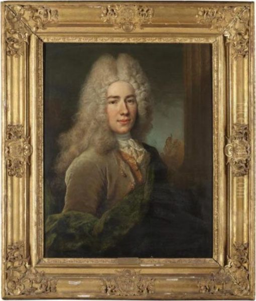 Portrait Of A Gentleman, Half Length, Wearing A Brown Velvet Coat Wih A Green Sash Oil Painting by Nicolas de Largillierre