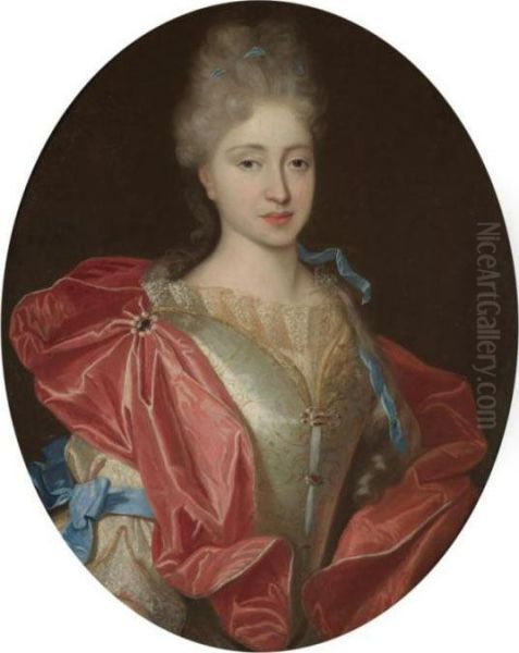 Portrait Of A Lady, Half Length,
 In A White Embroidered Silk Dress With Blue Ribbons And A Red Silk Wrap Oil Painting by Nicolas de Largillierre