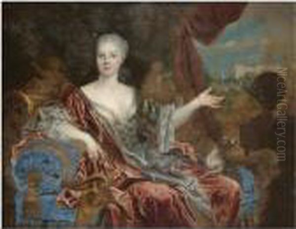 Portrait Of A Lady, 
Three-quarter Length, Wearing A Blue Silk Dress With Lace Trim And A Red
 Shawl, Seated On A Blue Chaise Longue Oil Painting by Nicolas de Largillierre