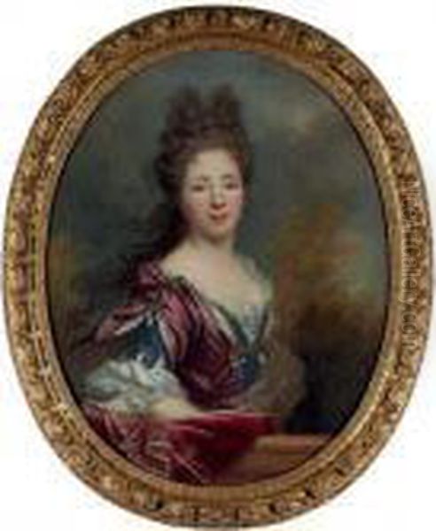 Portrait Of 
Marie-francoise-louise-therese Humbert, Wife Of Pierre Langlois, Maitre 
Des Comptes, Half-length, In A Blue And Violet Dress And Crimson Shawl, 
Behind A Parapet Oil Painting by Nicolas de Largillierre