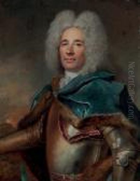 Portrait Of A Gentleman, Half-length, In A Fur-trimmed Cloak Armor Oil Painting by Nicolas de Largillierre