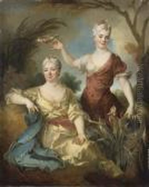 Portrait De La Baronne Le Leu D'aubilly Et De Sa Fille, Madame De Guinaumont Oil Painting by Nicolas de Largillierre