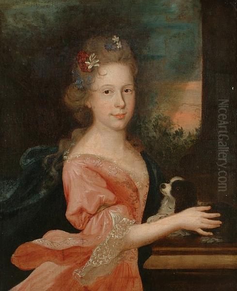 Portrait Of A Young Girl, 
Half-length, In A Pink Dress With A Blue Wrap And Flowers In Her Hair, 
Stroking A Dog Oil Painting by Nicolas de Largillierre