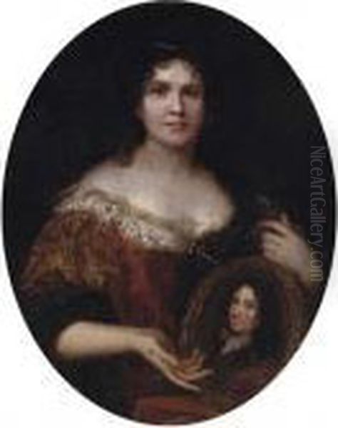 Portrait Of A Lady, Half-length,
 In A Red And Gold Dress With Whitelace Trim, Holding A Framed Portrait 
Of Her Husband Oil Painting by Nicolas de Largillierre