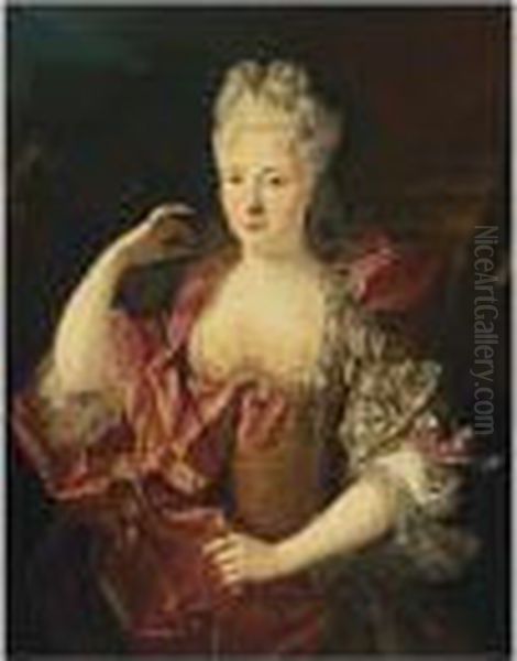 A Half Lenght Portrait Of A Lady As Diana Wearing A Pink Silk Dress Oil Painting by Nicolas de Largillierre