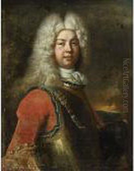 Portrait Of A Nobleman, Half 
Length, Wearing A Wig, A Red Coat With Gilt Embroidered Sleeves And A 
Cuirass Oil Painting by Nicolas de Largillierre