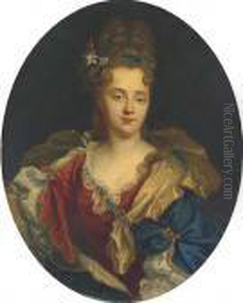 Portrait D'une Dame En Costume Rouge Et Bleu Oil Painting by Nicolas de Largillierre