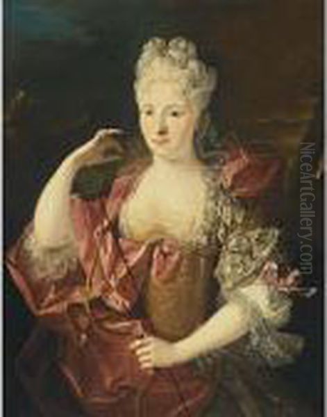 A Portrait Of A Lady As Diana, 
Half Length, Wearing A Pink Silk Dress With Lace Cuffs And An 
Embroidered Bodice, Holding A Bow In Her Left Hand by Nicolas de Largillierre