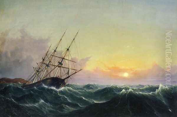 A Storm, Breaking Away, Vessel Slipping Her Cable Oil Painting by Fitz Hugh Lane