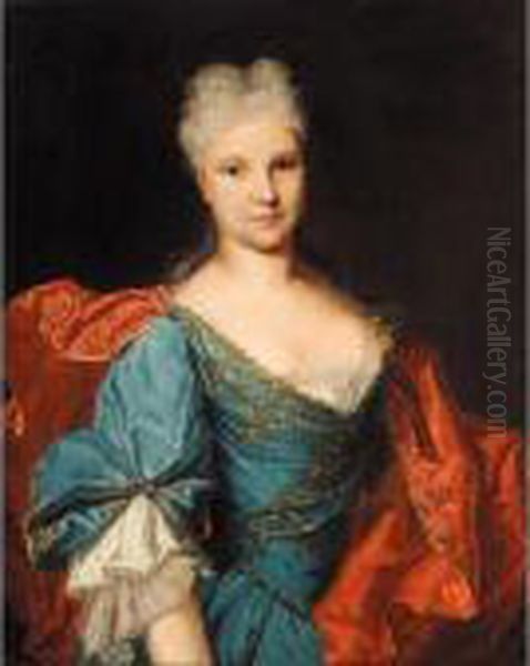 Portrait Of A Lady, Half-length, Wearing A Blue Embroidered Dress With A Scarlet Mantle Oil Painting by Nicolas de Largillierre