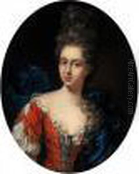 Portrait Of A Lady, Half Length, Wearing A Red Dress And A Blue Shawl Oil Painting by Nicolas de Largillierre