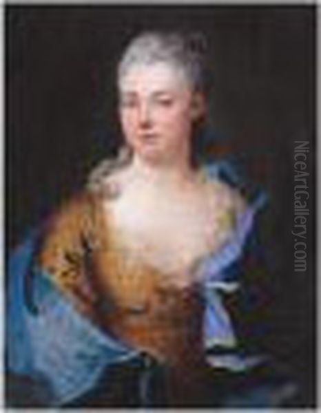 Portrait Of A Lady, Half Length, Wearing An Ochre Dress And A Blue Mantle Oil Painting by Nicolas de Largillierre