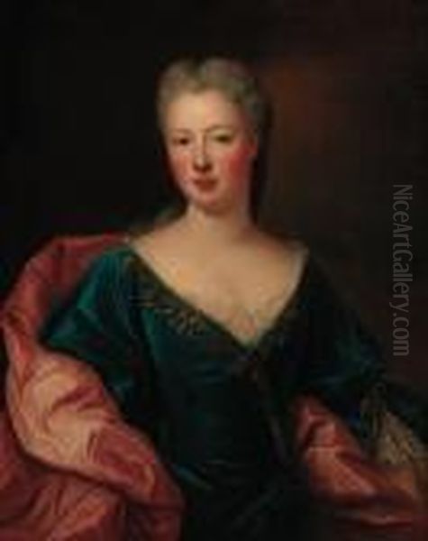 Portrait Of A Lady, Half-length, In A Blue Dress With A Whitewrap Oil Painting by Nicolas de Largillierre