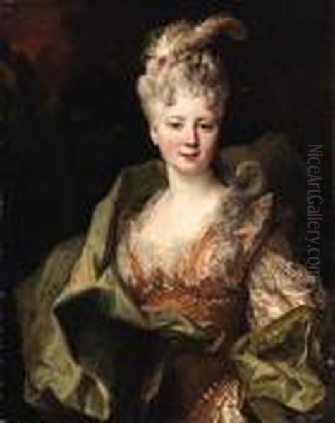 Portrait Of Mlle. Jeanne De 
Gagne Perrigny, Half-length, In Anembroidered Orange And White Dress And
 Green Wrap Oil Painting by Nicolas de Largillierre