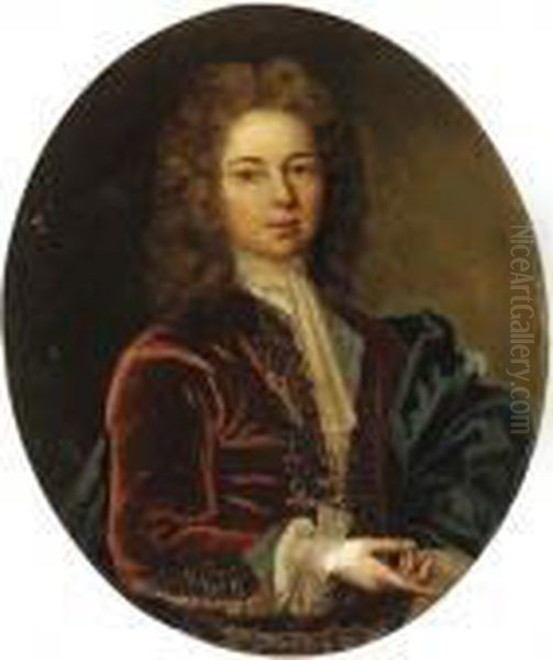 Portrait Of A Young Gentleman, Half Length, Wearing A Red Jacketand A Blue Cloak Oil Painting by Nicolas de Largillierre