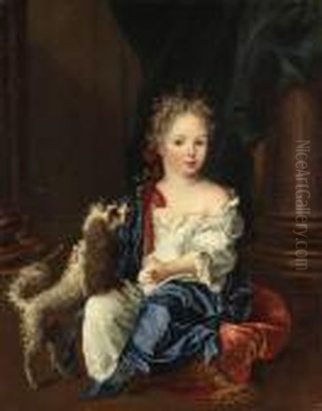 Portrait Of A Girl With A Poodle, Full-length, Seated, In A Whitechemise And Blue Shawl Oil Painting by Nicolas de Largillierre