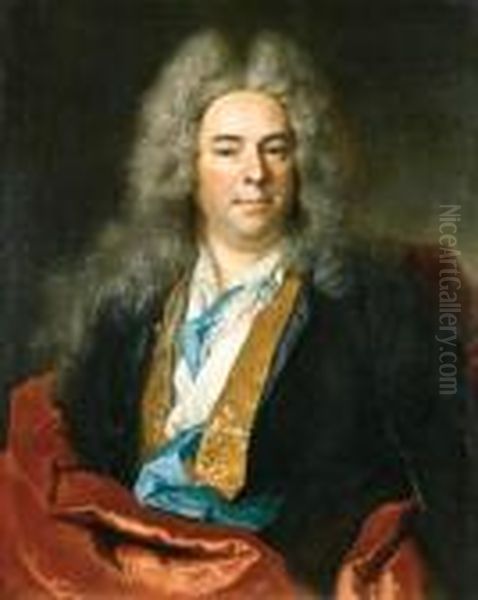 Portrait Of Jacques Vincent, 
Sieur De Bassablons, Conseillersecrtaire Du Roi, Half Length, Wearing A 
Blue Coat With A Goldembroidered Waistcoat And A Red Wrap Oil Painting by Nicolas de Largillierre