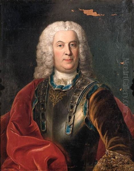 Portrait Of A Gentleman, Half-length In Brown Coat, A Breast Plateand A Crimson Wrap Oil Painting by Nicolas de Largillierre