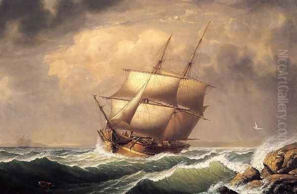 Merchant Brig under Reefed Topsails Oil Painting by Fitz Hugh Lane