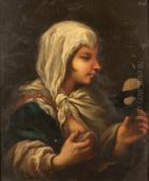 A Young Woman, In Profile, In A White Smock And A Blue Cloak, Holding A Carnival Mask Oil Painting by Paolo di Matteis