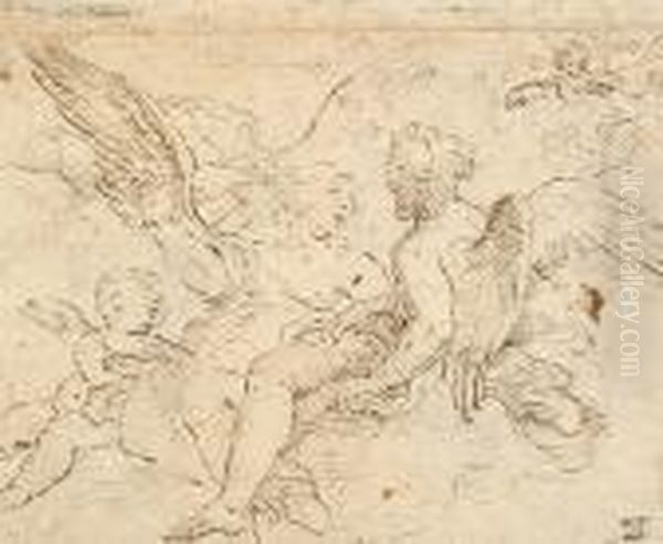 Recto: Study Of Angels And Putti
 On Clouds Verso:saint Attended By Putti Adoring The Name Of Jesus Oil Painting by Paolo di Matteis