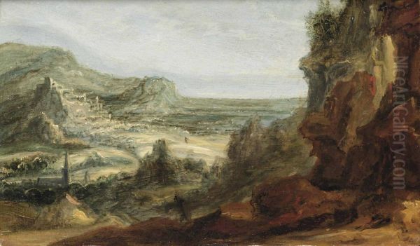 An Extensive Mountainous Landscape With A Town In The Distance Oil Painting by Joos De Momper