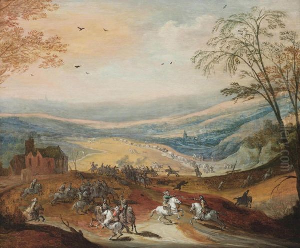 A Cavalry Skirmish In A Hilly Landscape, A Convoy Beyond Oil Painting by Joos De Momper