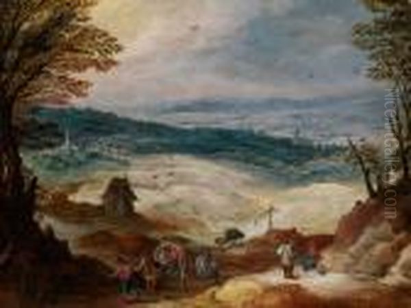 Landschaft Mit Drei Pferdekarren Und Wanderer Am Weg Oil Painting by Joos De Momper