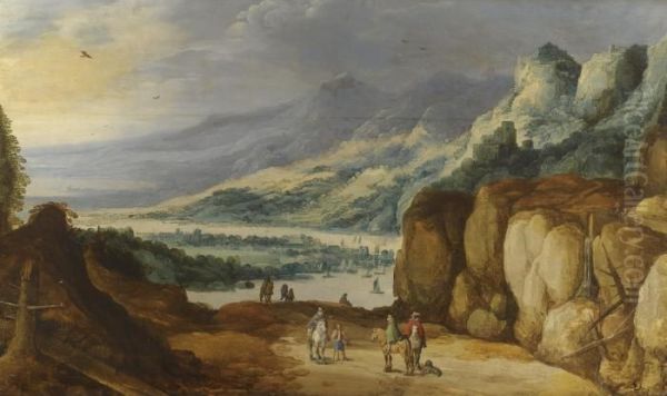 An Extensive Mountainous River Landscape With Horsemen Conversing On A Raised Plateau Oil Painting by Joos De Momper