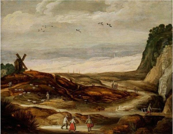 Landschaft Mit Windmuhle, Schafherde Undfigurenstaffage Oil Painting by Joos De Momper