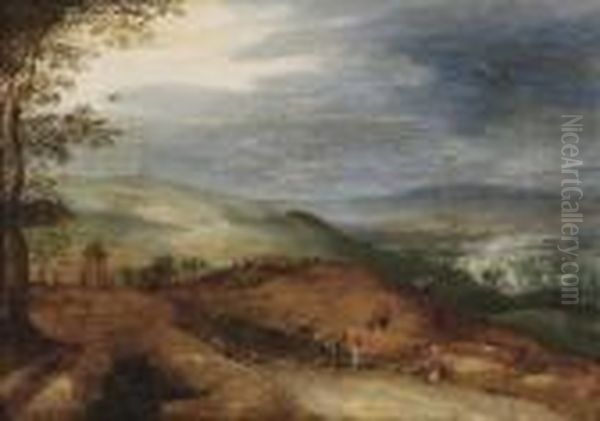 A Hilly Landscape With Figures On The Road Oil Painting by Joos De Momper