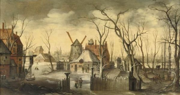 A Village In Winter With Figures
 At Their Daily Activities, A Viewof A Town, Said To Be Bruges, In The 
Background Oil Painting by Joos De Momper