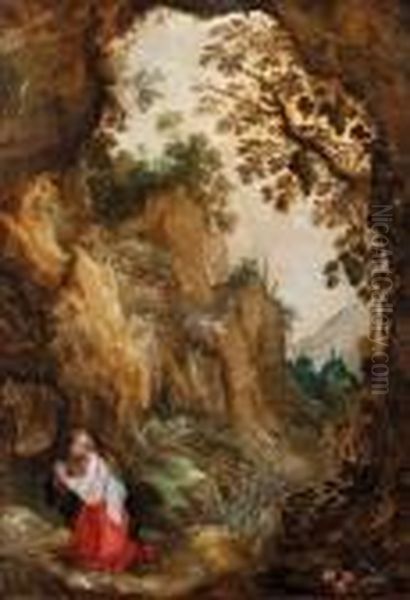 Marie-madeleine Priant Dans Un Paysage De Foret. Oil Painting by Joos De Momper